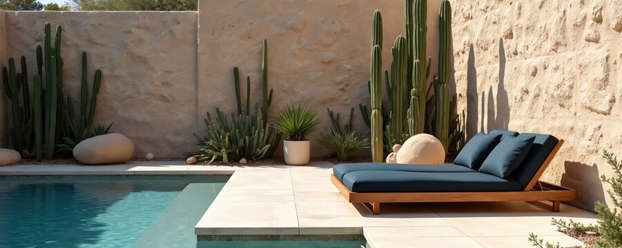 Poolside lounge with blue cushions rests near pool by stone wall and tall cacti. Desert garden with agaves and rocks creates serene, arid oasis ambiance. Tranquil outdoor relaxation setting.