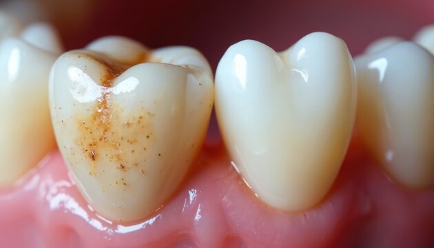 Closeup view of human teeth showing decay and plaque buildup on one tooth next to a clean, white tooth. Oral hygiene comparison demonstrates dental health difference after cleaning treatment.