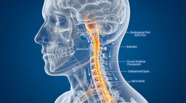 3D Medical Visualization of Cerebrospinal Fluid (CSF) Flow and Cervical Spinal Cord Anatomy.