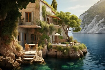 Naklejka premium Charming building nestled on a rocky coast, featuring terraces overlooking tranquil sea and distant mountains