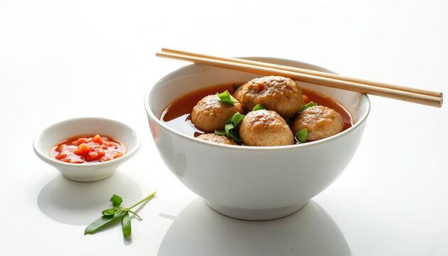 Indonesian meatballs called bakso served in white bowl with chopsticks. Side dish of spicy sambal chili sauce and green garnish. Simple clean background.
