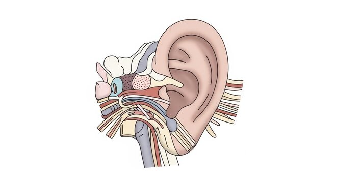 Detailed Anatomical Illustration of the Human Ear Structure.