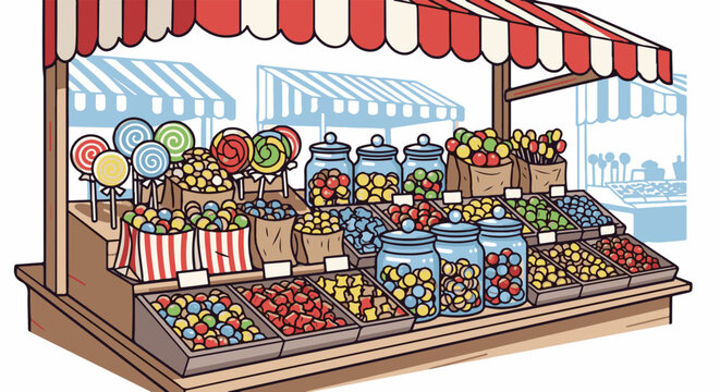 Colorful candy stall with lollipops, jars of sweets, and bulk candies