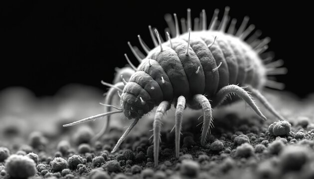 Microscopic view of spiky dust mite crawling on textured surface. Tiny arthropod shows segmented body and hairy legs. Scientific insect detailed extreme close-up.