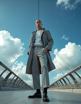 Bald man in gray suit walks on city bridge. Handsome model wears trench coat, trousers, and shoes. He poses confidently against a blue sky with clouds. Urban scene.