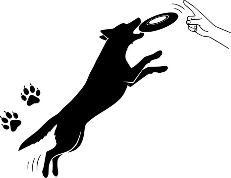 Minimalist vector dog catching frisbee midair jumping side view with throwing hand paw icons playful bold silhouette flat black white
