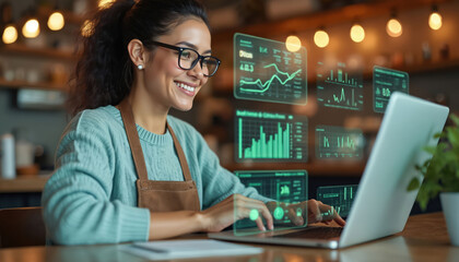 Fototapeta premium Woman with glasses works on laptop, analyzes charts on holographic screens. Cafe owner checks inventory data, smiles while planning business growth. Modern tech use.