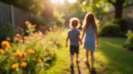 Obraz premium Children play in the summer sunny garden 