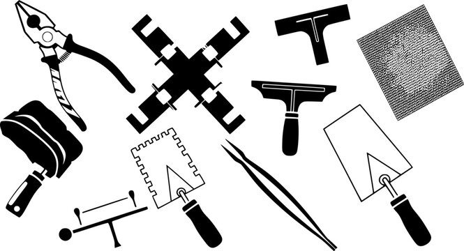 Flat design close up set of tiling tools with pliers tile spacers grout float notched trowel tweezers mesh silhouette icons
