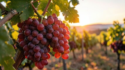 Fototapeta premium Close up of a branch of ripe red grapes.Stock footage for wine commercial. Grapes vineyard sunset.Wine grapes harvest in Italy. Organic bio food. Wine handmade concept