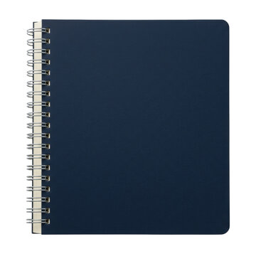 Isolated dark blue hardcover spiral notebook with a textured cover and silver binding, viewed from above on a transparent background