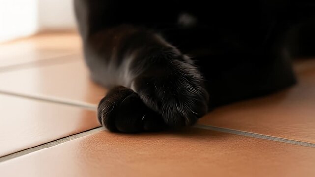 Dark paw sits on brown tile floor; blurry, selective focus, indoor shot