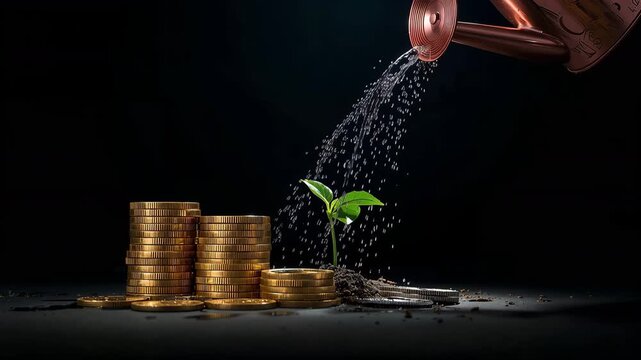 暗い背景にスポット光で金貨と若芽と散水を劇的に浮かび上がらせる