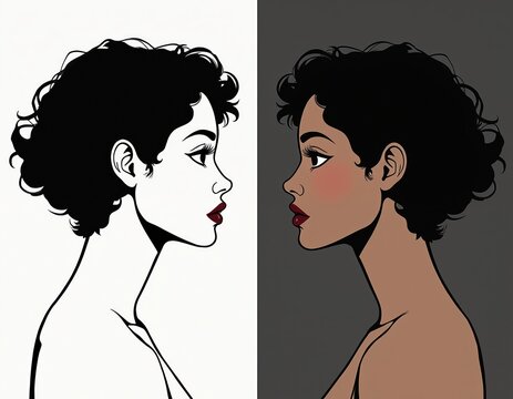 Split illustration shows woman profile, black and white contrast vs color. Side view portrait, afro hair, dark lips, beauty, identity theme.
