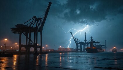 Obraz premium Industrial harbor with cargo ships and cranes during a stormy night. Lightning strikes across dark sky illuminating water and wet pavement. Rain falls heavily on the port.