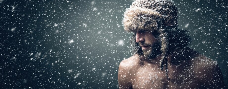 The bearded shirtless man wearing a fur trapper hat amid heavy snowfall and wind