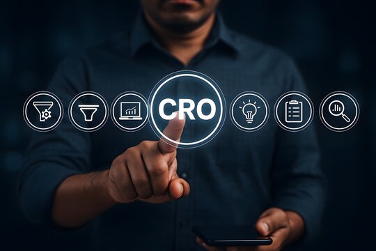 Man interacting with a digital conversion rate optimization cro interface on a dark background