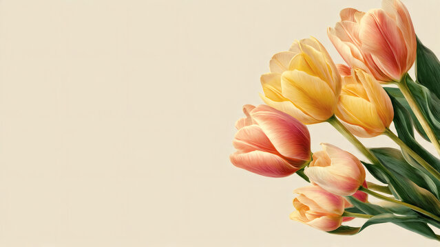 Vibrant yellow and pink tulips bloom in spring garden with green leaves and stems growing outdoors in natural landscape with flowers.