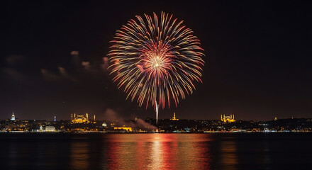 Fototapeta premium Fireworks display over Istanbul cityscape at night with mosque and waterfront, Celebration and festivities