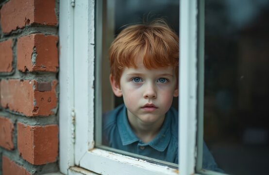 Red haired boy looks through window pane. Young child with blue eyes gazes outside from house. Kid wears blue shirt, observes outdoors from indoors.