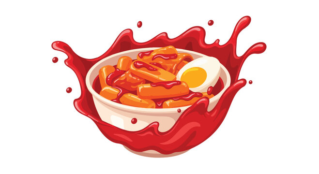 Illustration of Korean spicy tteokbokki rice cakes in a bowl with sauce splash.