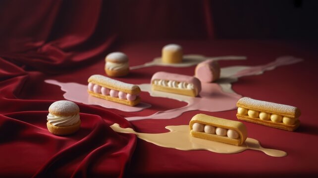 Pastries on Red Velvet with Cream Smears Artistic Food Photo