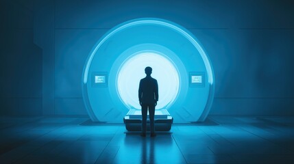 Fototapeta premium A silhouette of a person stands before a glowing futuristic circular portal in a dark, high-tech room.