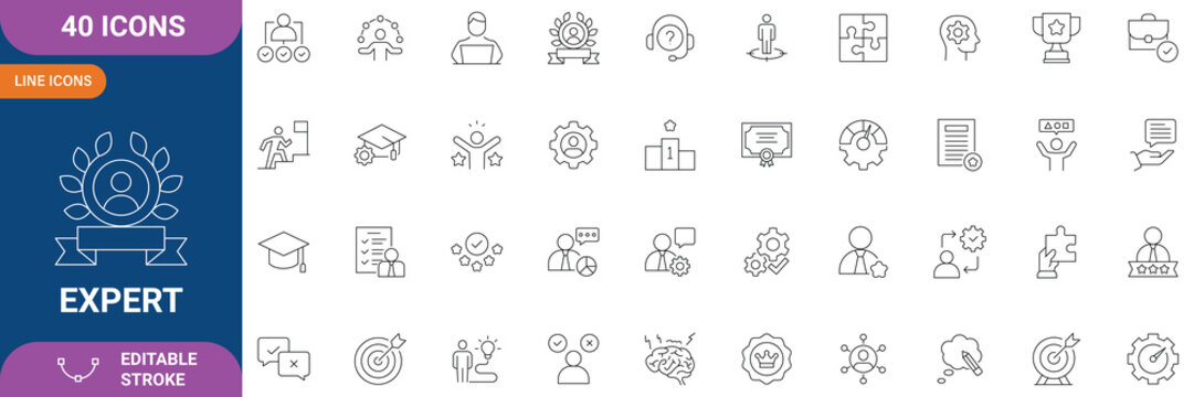 Expert Icon Set. Containing Competence, Expertise, Knowledge, Skill, Specialist, Experience, Advice, Professional, Consultant, Service and etc. Line Icon. Editable Stroke. Vector file