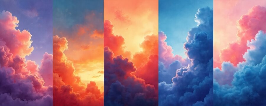 Five panels show dreamy cloudscapes in vibrant purples, pinks, oranges, and blues. Textured light and dark layers create depth. Abstract sky art suitable for backgrounds.