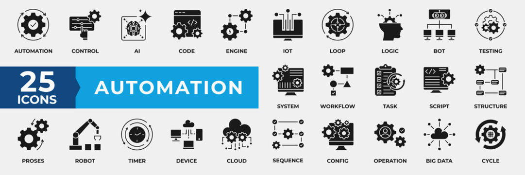 Automation Icon Set Collection. Containing ai, bot, testing, system, workflow, task, structure, process, robot, timer, device, cloud and more. Simple Solid Vector Illustration.