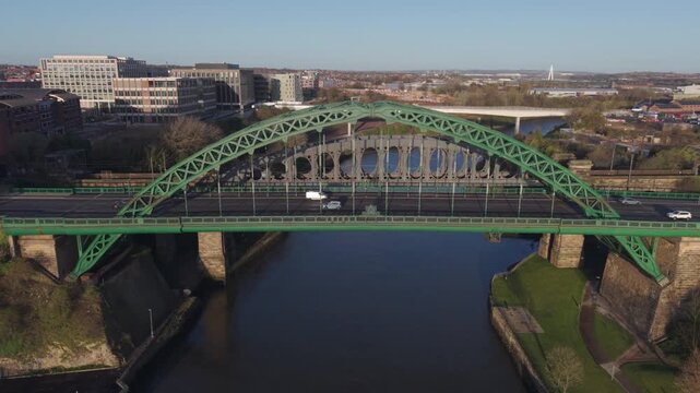 Drone clip as drone flies slowly back from Wearmouth Bridge in Sunderland during the morning commute 