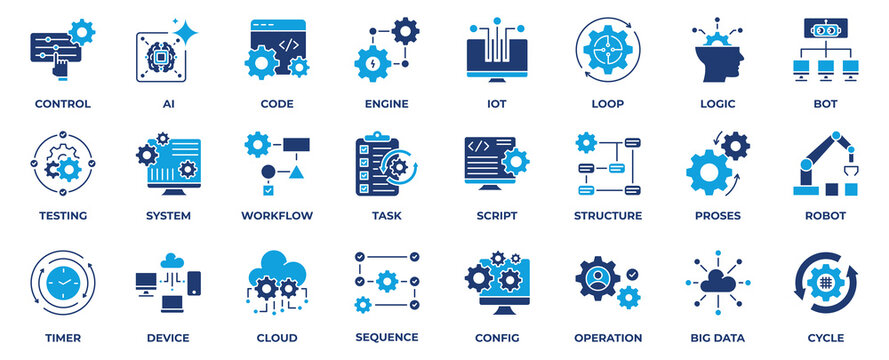 Automation icon collection set. with icon robot, cloud, process, technology, innovation, big data, system and more. Solid blue style vector illustration. 