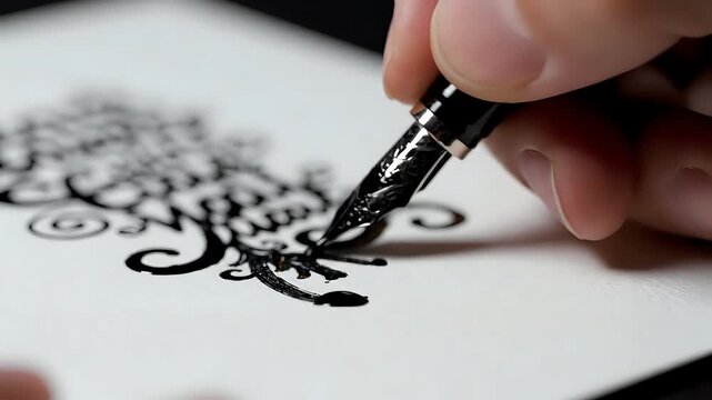 Closeup of a hand drawing intricate black ink patterns with a fountain pen.