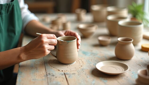 Woman paints clay mug with brush in workshop. Hands craft ceramic ware on wooden table. Artist creates earthenware in studio, uses pottery tools for hobby.