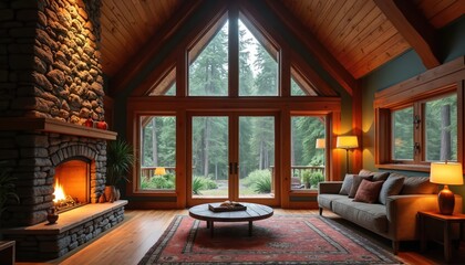 Fototapeta premium Warm A-frame cabin interior with stone fireplace and large windows overlooking forest. Cozy living room features sofa, coffee table, and rug, inviting peaceful relaxation.