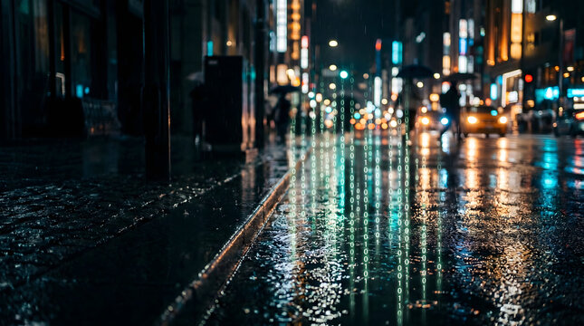 Futuristic Digital City Rain Cyberpunk Concept with Binary Code Data Flow on Wet Street at Night