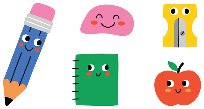 Adorable cartoon school supplies vector illustration featuring smiling pencil, eraser, sharpener, notebook, and apple.