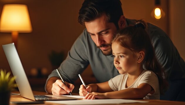 Father and daughter study together at laptop, writing notes by warm lamp light. Dad helps child with homework in cozy home atmosphere. Focused learning session.