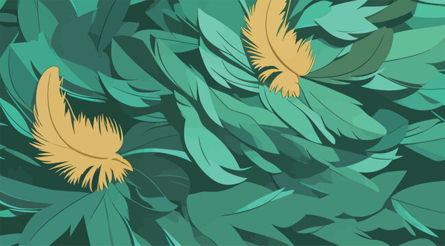 Two Yellow Feathers on Green Leaf Background