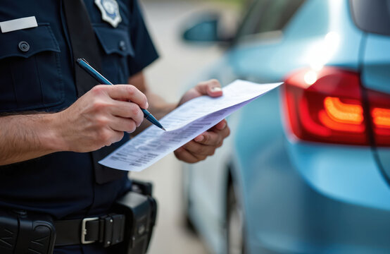 Police officer writes parking ticket on paper clipboard next to parked car. Officer in uniform with pen inspects vehicle document. Traffic enforcement agent works on city street.
