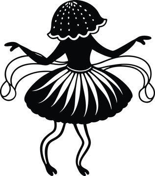 Enchanting mushroom fairy creature gracefully dancing with frilly skirt and flowing ribbons