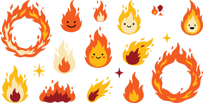 Adorable collection of cartoon fire flames with happy faces and fire rings vector illustration. Dynamic heat elements.