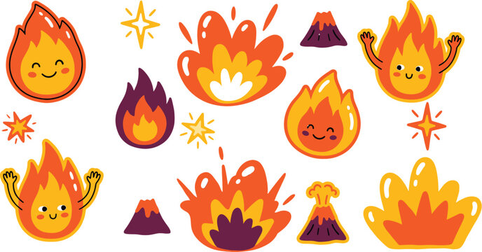 Cute cartoon fire and volcano vector illustration set with smiling flames and stars.
