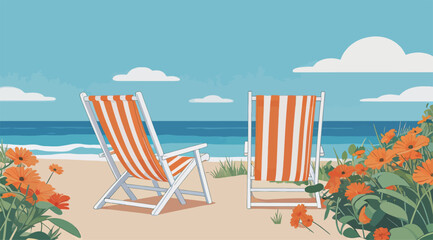 Fototapeta premium Beach Chairs and Orange Flowers by the Ocean
