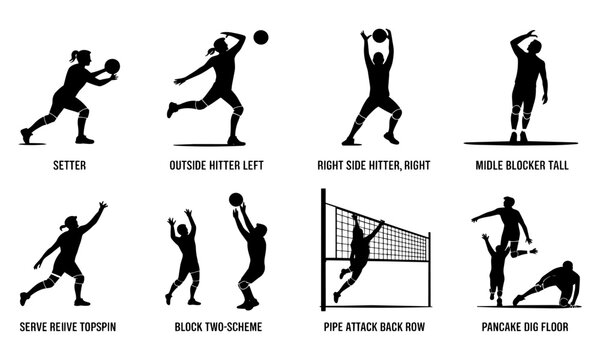 Volleyball player positions and movements  various actions and roles in volleyball  setter outside hitter right side hitter middle blocker