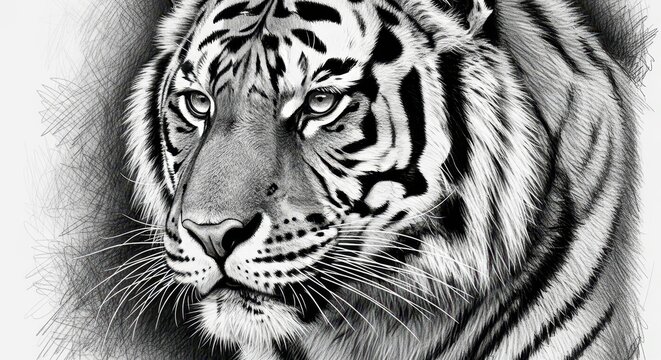 Detailed Black and White Portrait of a Majestic Tiger.