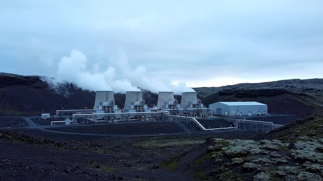 Modern geothermal energy plant releasing steam into the atmosphere, a powerful symbol of sustainable power generation set against a vast and rugged natural landscape