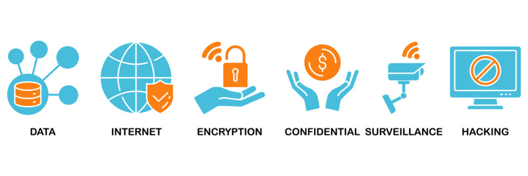 Privacy icon set Aqua Orange Flat concept for data, internet, encryption, confidential, surveillance and hacking