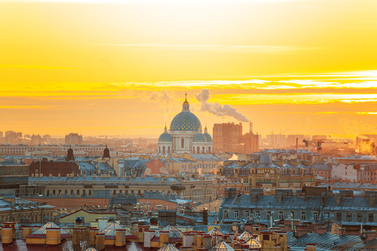 Aerial view of the historic center of Saint Petersburg and the Trinity-Izmailovsky Cathedral.