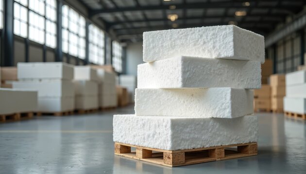 White foam insulation blocks stacked on wooden pallets inside a large industrial warehouse. Boxes and materials fill background creating construction site feel. Logistics and building supply.